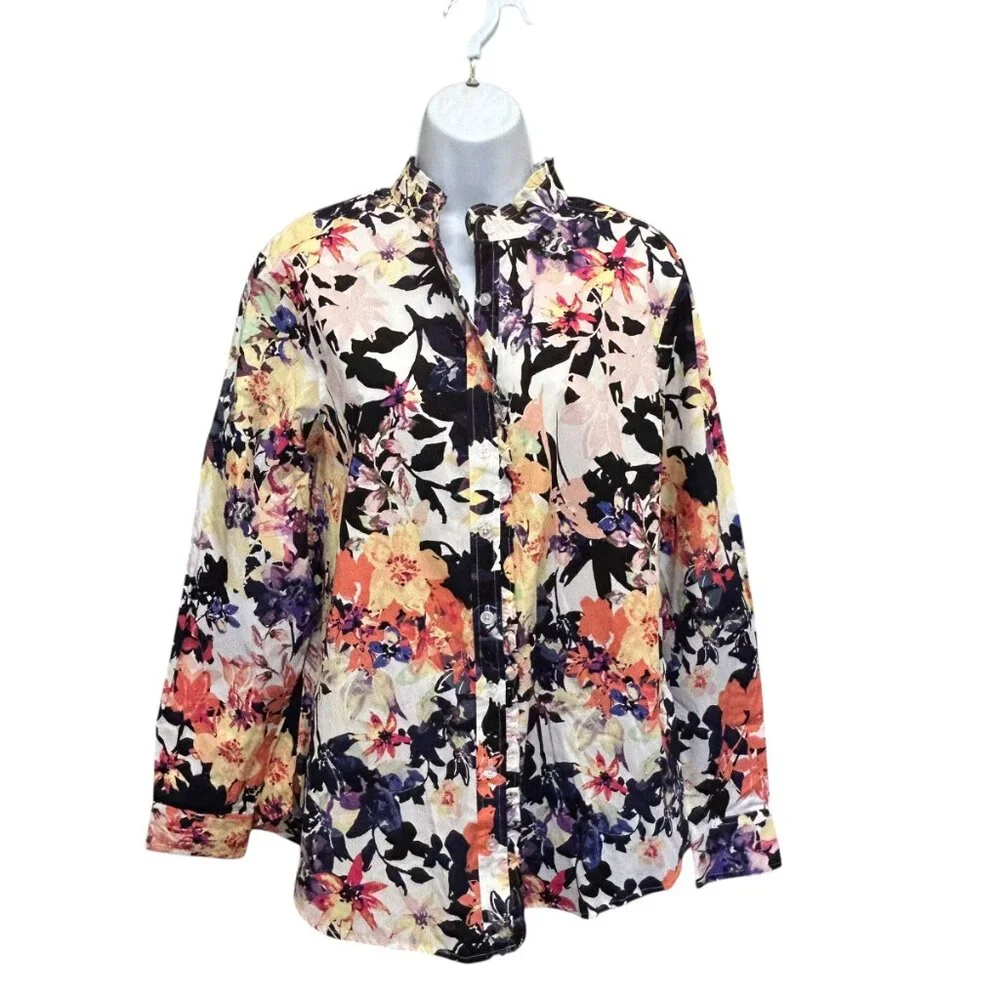 Signature Collection Floral Ruffle Neck Cotton Blouse Size 14 - Picture 3 of 7